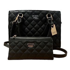 GUESS Leather Satchel with Matching Wallet - Black with Gold Details
